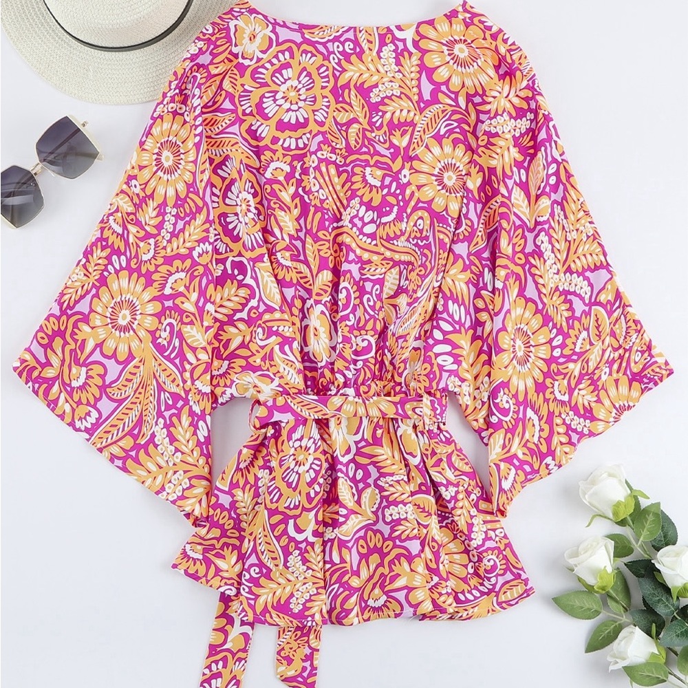 Boho Floral Print Belted Surplice Blouse Bohemian Top - Picture 11 of 15